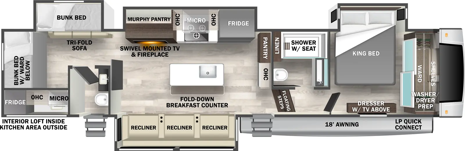 The Cedar Creek 379BHO floorplan has two entries and four slide outs. Exterior features include: fiberglass exterior, 18' awning and outside kitchen. Interiors features include: bunk beds, kitchen island, front bedroom and bathroom and a half.